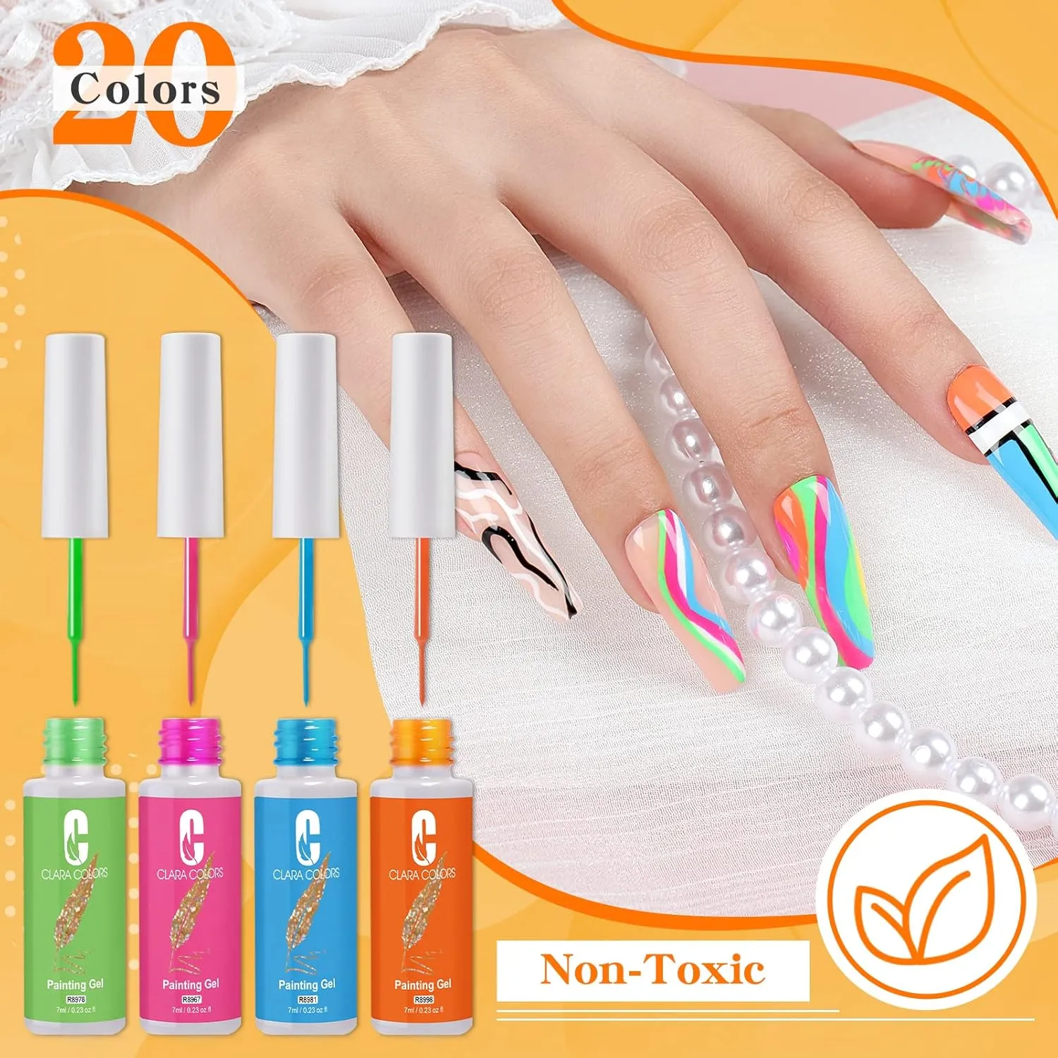 Clara Colors Gel Polish Nail Art Gel Liner Set, 20 Colors Gel Polish for Swirl French Tip Painting Designs Built Thin Nail Art Brush in Bottle Gel Soak Off UV Led Nail