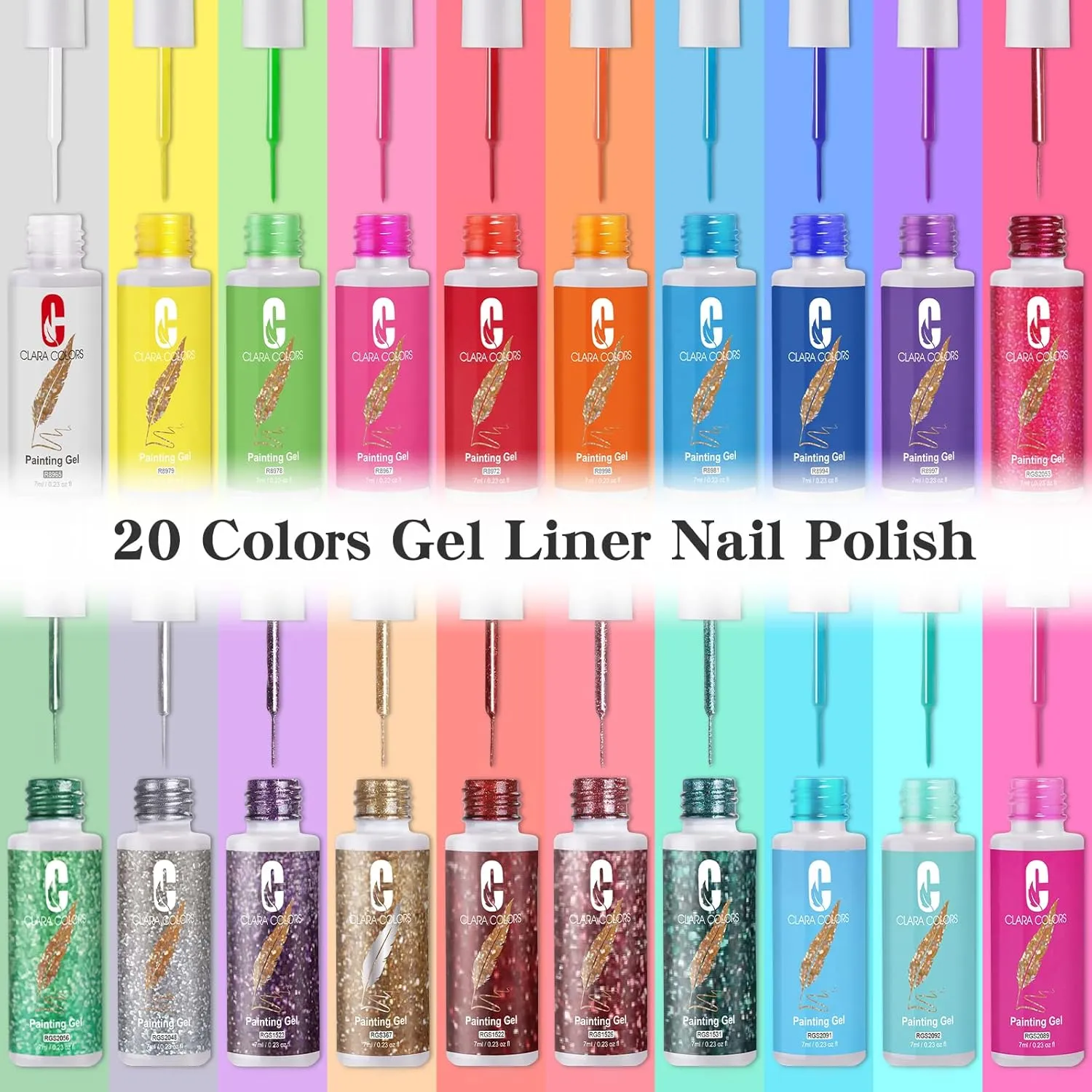 Clara Colors Gel Polish Nail Art Gel Liner Set, 20 Colors Gel Polish for Swirl French Tip Painting Designs Built Thin Nail Art Brush in Bottle Gel Soak Off UV Led Nail