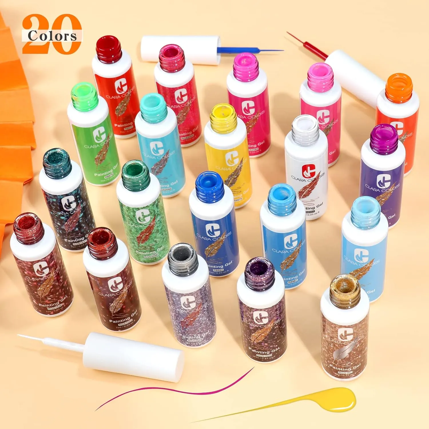 Clara Colors Gel Polish Nail Art Gel Liner Set, 20 Colors Gel Polish for Swirl French Tip Painting Designs Built Thin Nail Art Brush in Bottle Gel Soak Off UV Led Nail