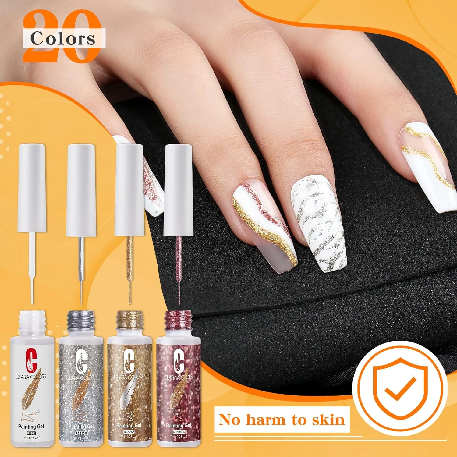 Clara Colors Gel Polish Nail Art Gel Liner Set, 20 Colors Gel Polish for Swirl French Tip Painting Designs Built Thin Nail Art Brush in Bottle Gel Soak Off UV Led Nail