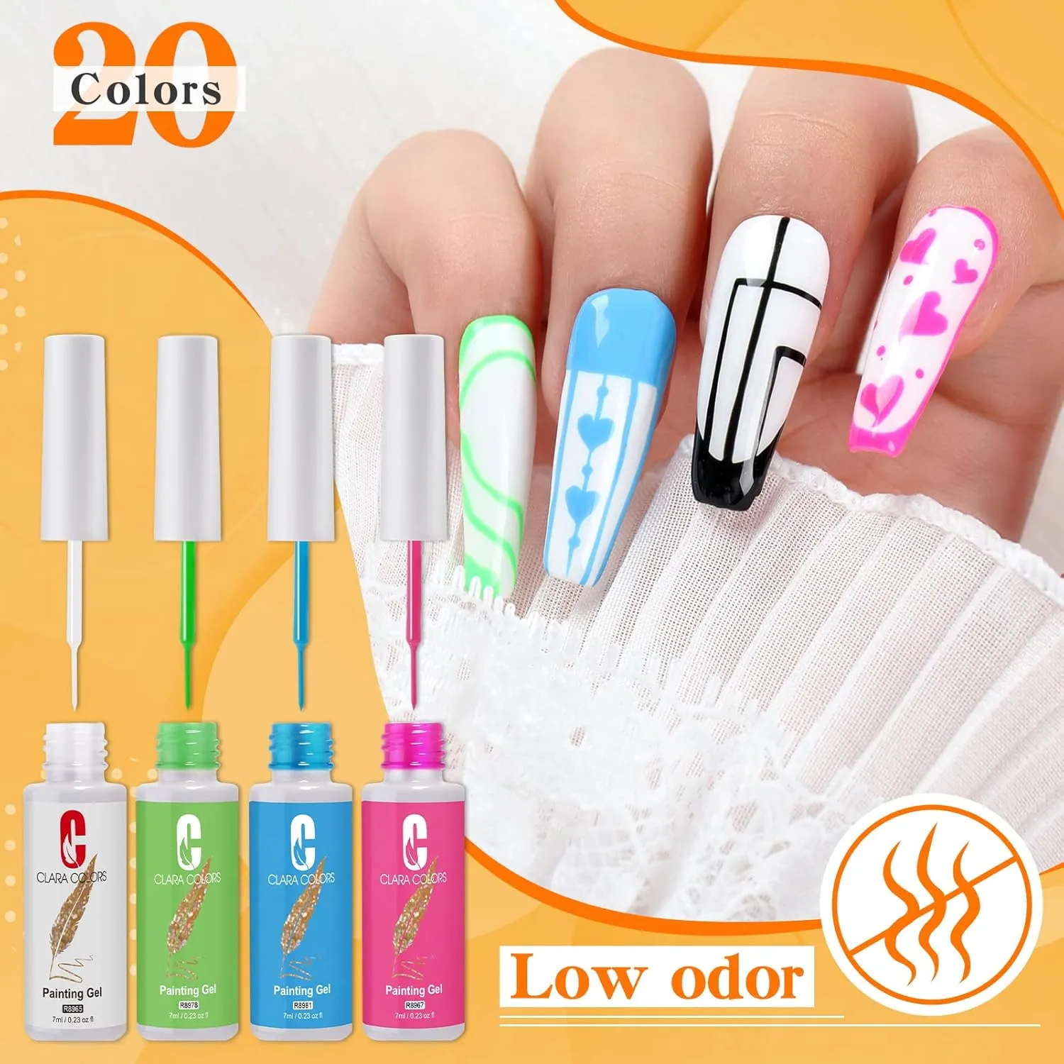 Clara Colors Gel Polish Nail Art Gel Liner Set, 20 Colors Gel Polish for Swirl French Tip Painting Designs Built Thin Nail Art Brush in Bottle Gel Soak Off UV Led Nail