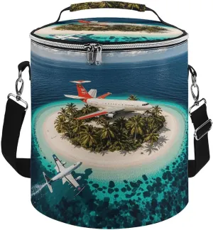 Collapsible Insulated Cooler Bag Romantic Island Airplane Print Leakproof Soft Cooler Bag Round Casserole Carrier for Hot & Cold Food
