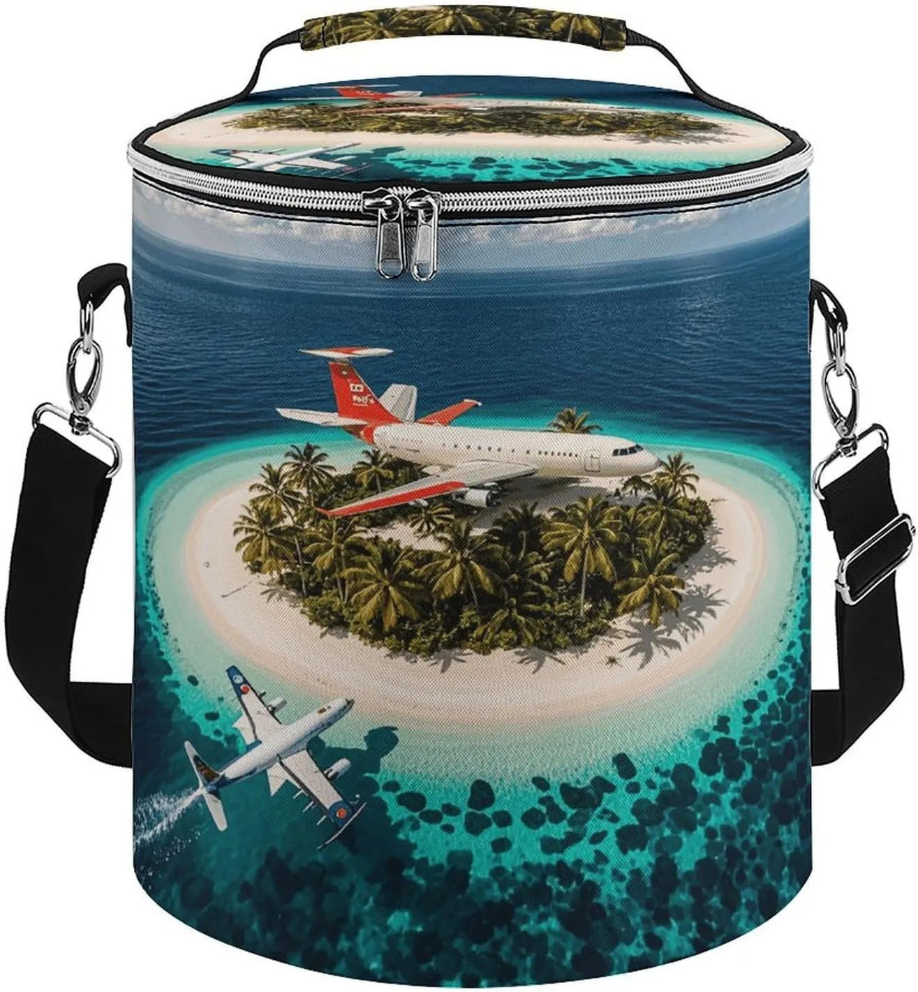 Collapsible Insulated Cooler Bag Romantic Island Airplane Print Leakproof Soft Cooler Bag Round Casserole Carrier for Hot & Cold Food