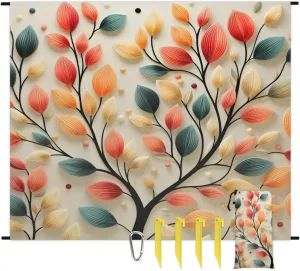 Colorful Tree Branch Beach Blanket, Sandproof Beach Mat, 68 x 59 Waterproof Quick Drying Sand Free Mat with 4 x Ground Spikes for Outdoor Travel Camping Hiking, Fall Autumn Leaves