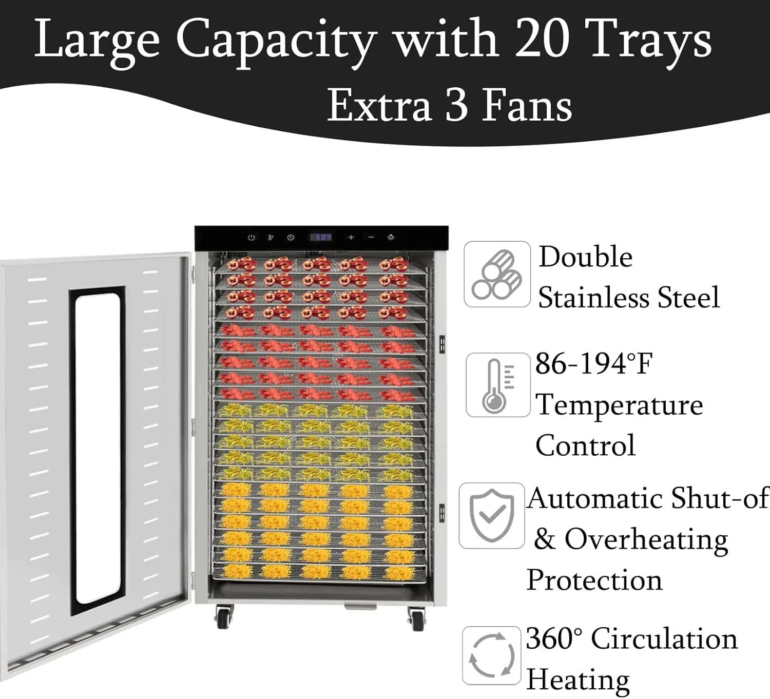 Commercial Electric Food Dehydrator Machine with Wheels 1700W 20 Tray Stainless Steel Food Dehydrator for Meat Beef Jerky 86-194°F Temperature Control 0.5-24h Digital Timer (20 Trays)