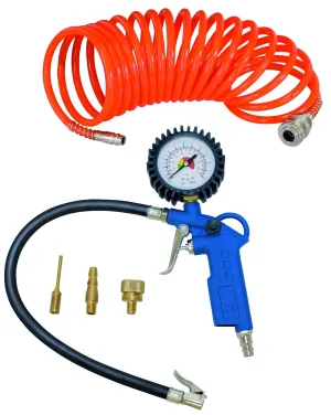 Compressor Accessory Set, 5-Piece Compressed Air Tool, Tyre Inflation Gauge with Rubberised Pressure Gauge and Air Drain Valve, 5 m Spiral Hose, 3 Attachment Nozzles, 7906100724