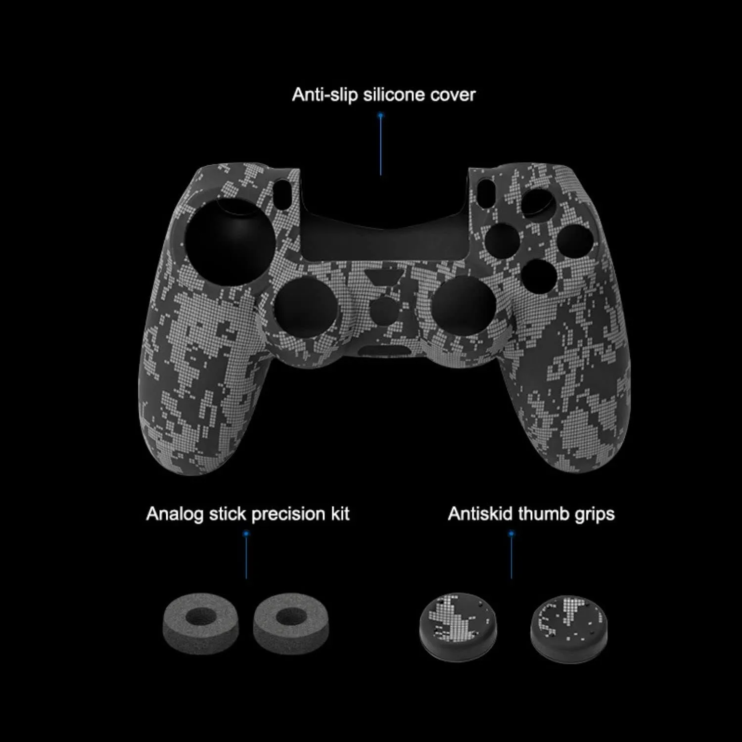 Controller Silicone Case Cover Set for PS4, 1x Rubber Protector Skin with 2X Joystick Thumb Grip Caps and 2X Analog Precision Rings, Compatible with PS4 /Slim/Pro Dualshock 4 Controller - Camo
