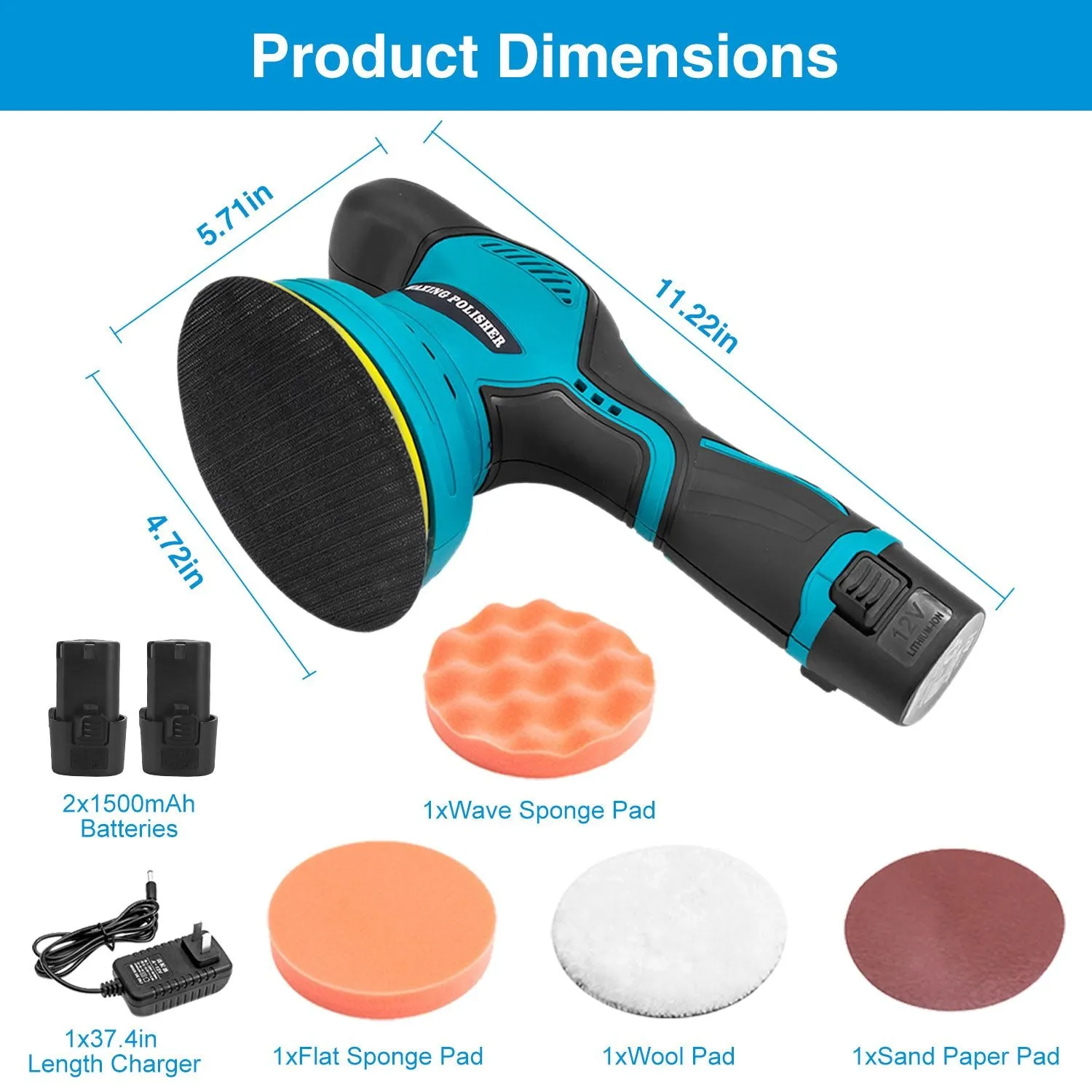 Cordless Car Buffer Polisher with 2Pcs 1500mAh Rechargeable Batteries 8 Speed Levels Wireless Polishing Waxer