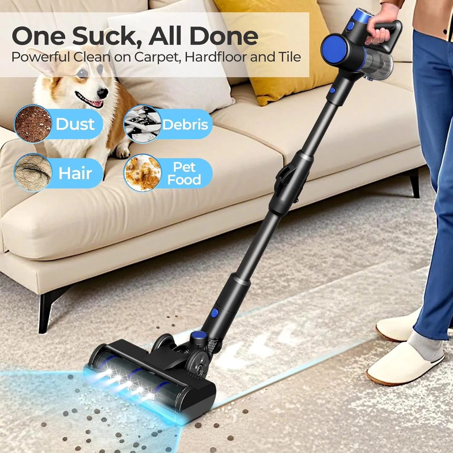 Cordless Vacuum Cleaners for Home, Bendable Wand, Powerful Suction, Rechargeable Stick Vacuum, 40Min Runtime, Lightweight, Handheld Vacuum for Hardwood Floor Carpet Tile Pet Hair, Blue