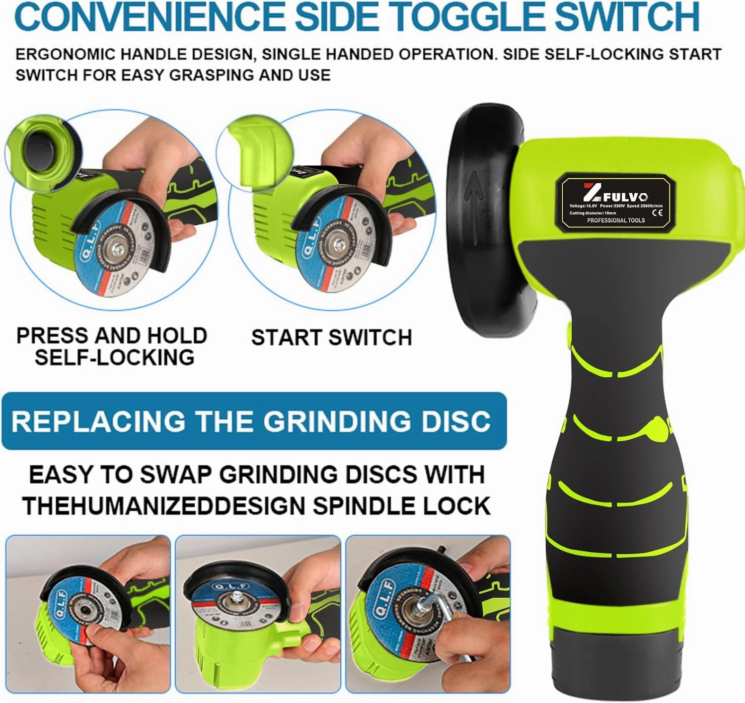 Cordless Brush Angle Grinder Kit, 19500rpm Mini Electric Angle Grinding Tool with 2pcs 16.8V 2000mAh Batteries and 5-Cutting Discs, Grinder Handheld Cutter for Metal Wood