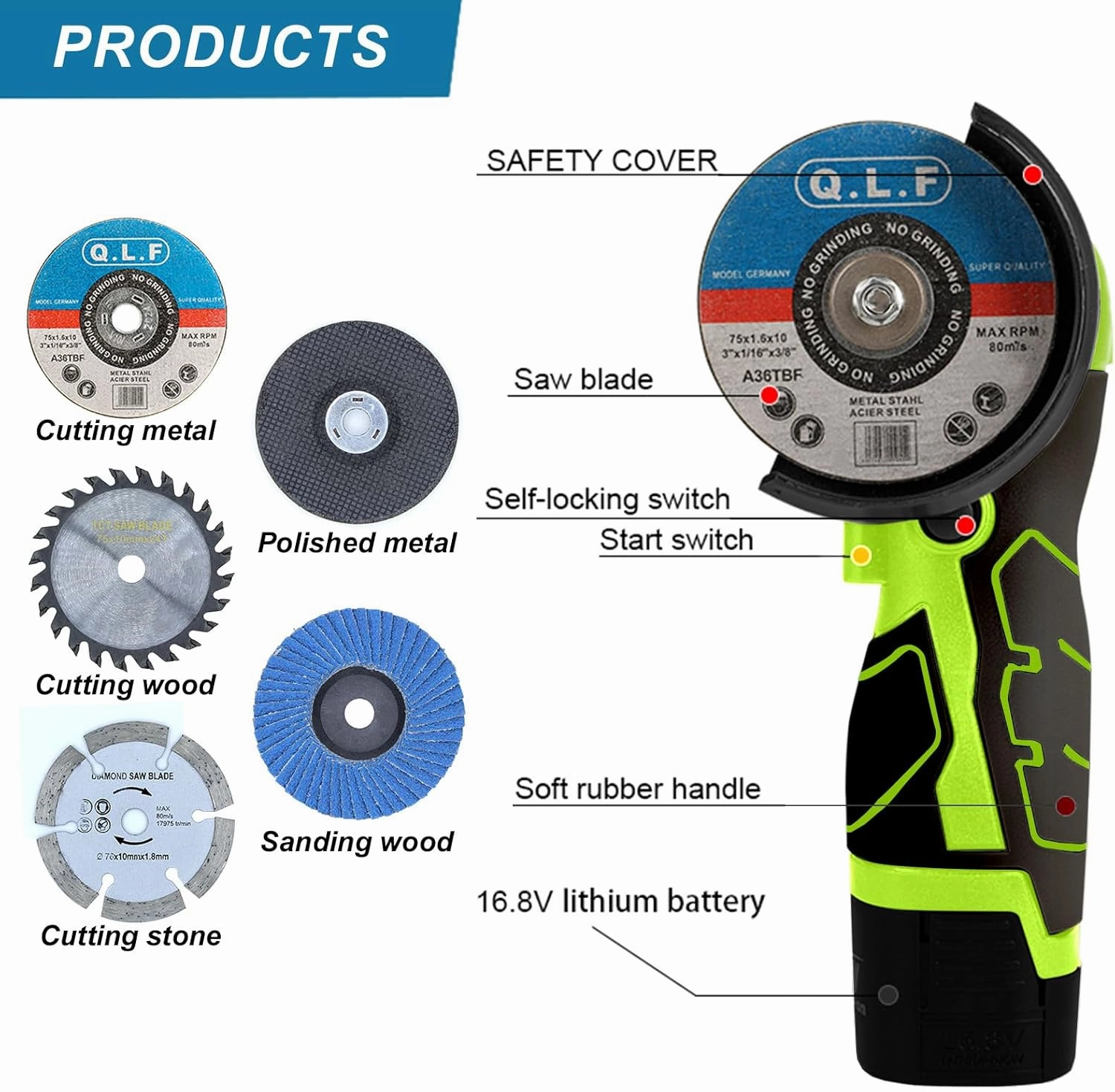 Cordless Brush Angle Grinder Kit, 19500rpm Mini Electric Angle Grinding Tool with 2pcs 16.8V 2000mAh Batteries and 5-Cutting Discs, Grinder Handheld Cutter for Metal Wood