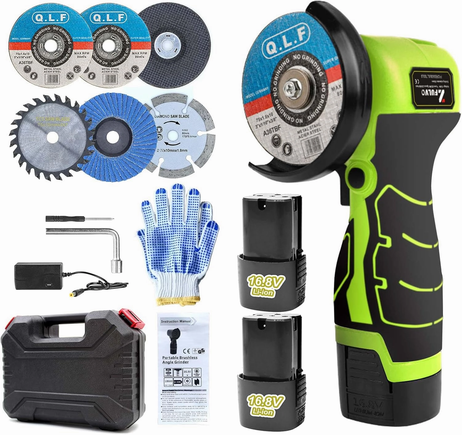 Cordless Brush Angle Grinder Kit, 19500rpm Mini Electric Angle Grinding Tool with 2pcs 16.8V 2000mAh Batteries and 5-Cutting Discs, Grinder Handheld Cutter for Metal Wood