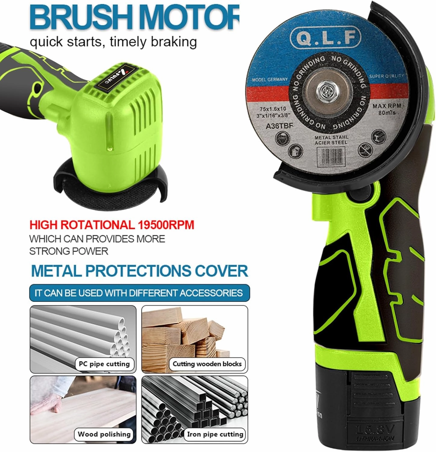 Cordless Brush Angle Grinder Kit, 19500rpm Mini Electric Angle Grinding Tool with 2pcs 16.8V 2000mAh Batteries and 5-Cutting Discs, Grinder Handheld Cutter for Metal Wood