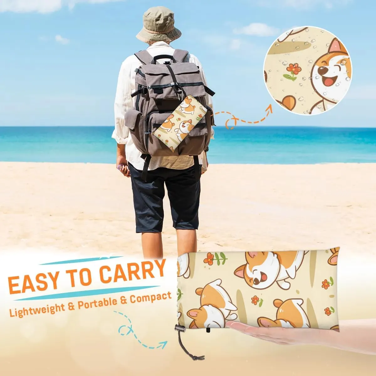 Corgi Dog Beach Blanket, Sandproof Beach Mat, 68 x 59 Waterproof Quick Drying Sand Free Mat with 4 x Ground Spikes for Outdoor Travel Camping Hiking, Cute Dog
