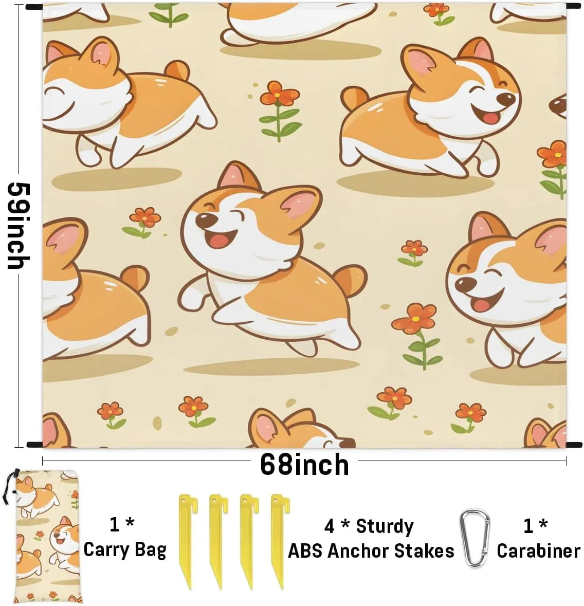 Corgi Dog Beach Blanket, Sandproof Beach Mat, 68 x 59 Waterproof Quick Drying Sand Free Mat with 4 x Ground Spikes for Outdoor Travel Camping Hiking, Cute Dog