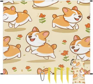 Corgi Dog Beach Blanket, Sandproof Beach Mat, 68 x 59 Waterproof Quick Drying Sand Free Mat with 4 x Ground Spikes for Outdoor Travel Camping Hiking, Cute Dog