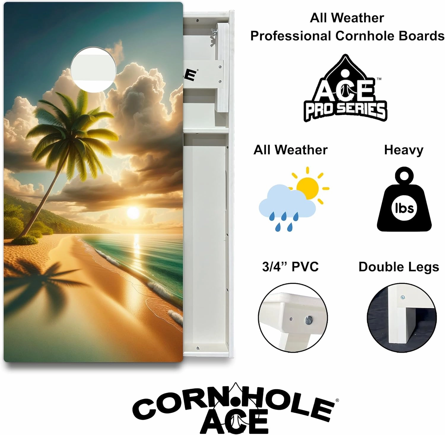 CornholeAce Beach Series All Weather Pro Cornhole Board Set - Waterproof 4x2 Regulation Size, Made in USA, Triple Wide Legs, 3/4" PVC, Official Tournament Boards, Rainproof & Outdoor Ready (2 Boards)