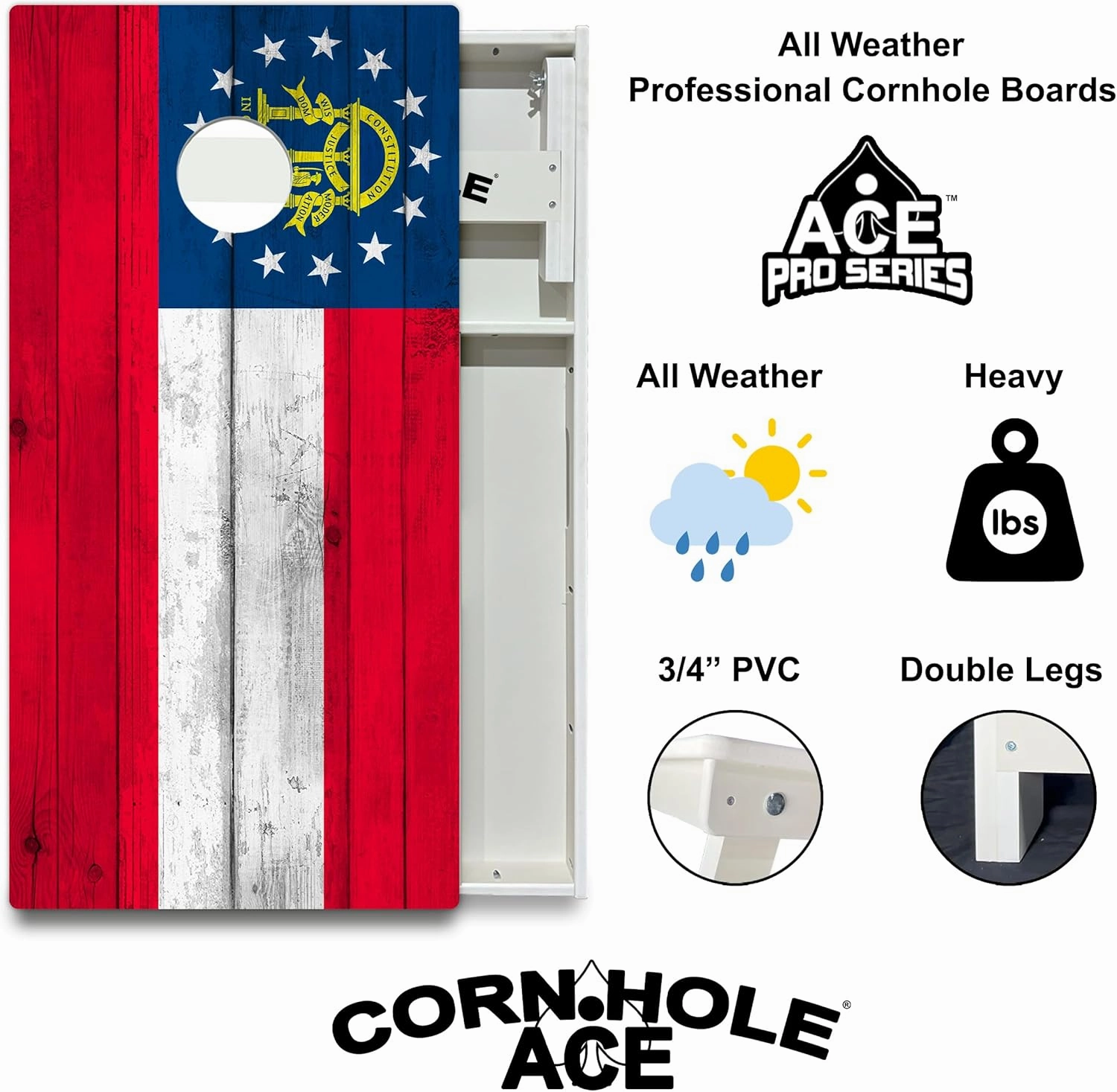 CornholeAce State Flag Series All Weather Pro Cornhole Board Set - Waterproof 4x2 Regulation Size, Made in USA, Triple Wide Legs, 3/4" PVC, Tournament Boards, & Outdoor Ready (2 Boards)
