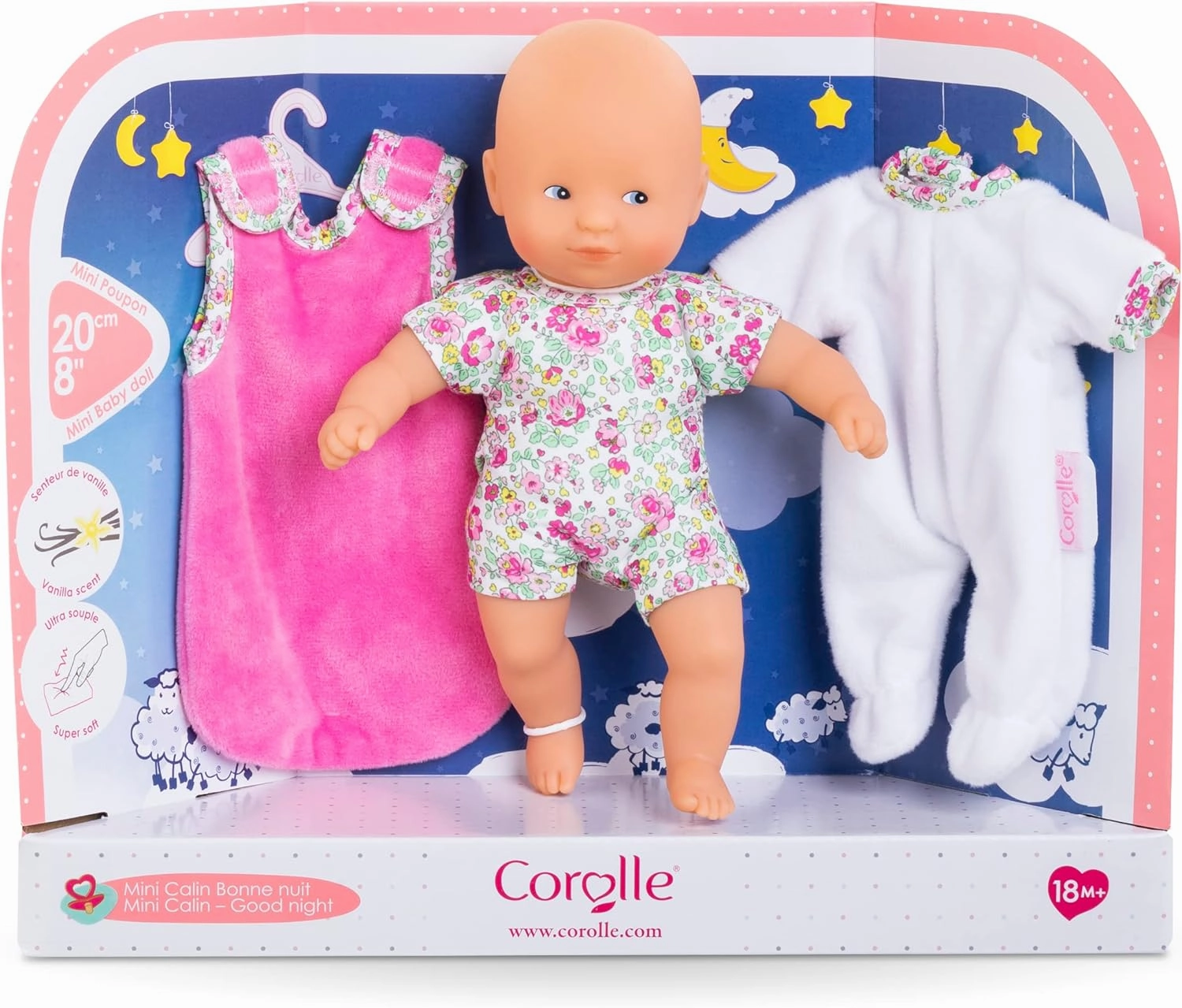 Corolle Mini Calin Good Night Blossom Garden - 8" Soft Baby Doll and Outfit Set Includes Pajamas and Bag Sleeper, Vanilla-Scented, for Kids 18 Months and up