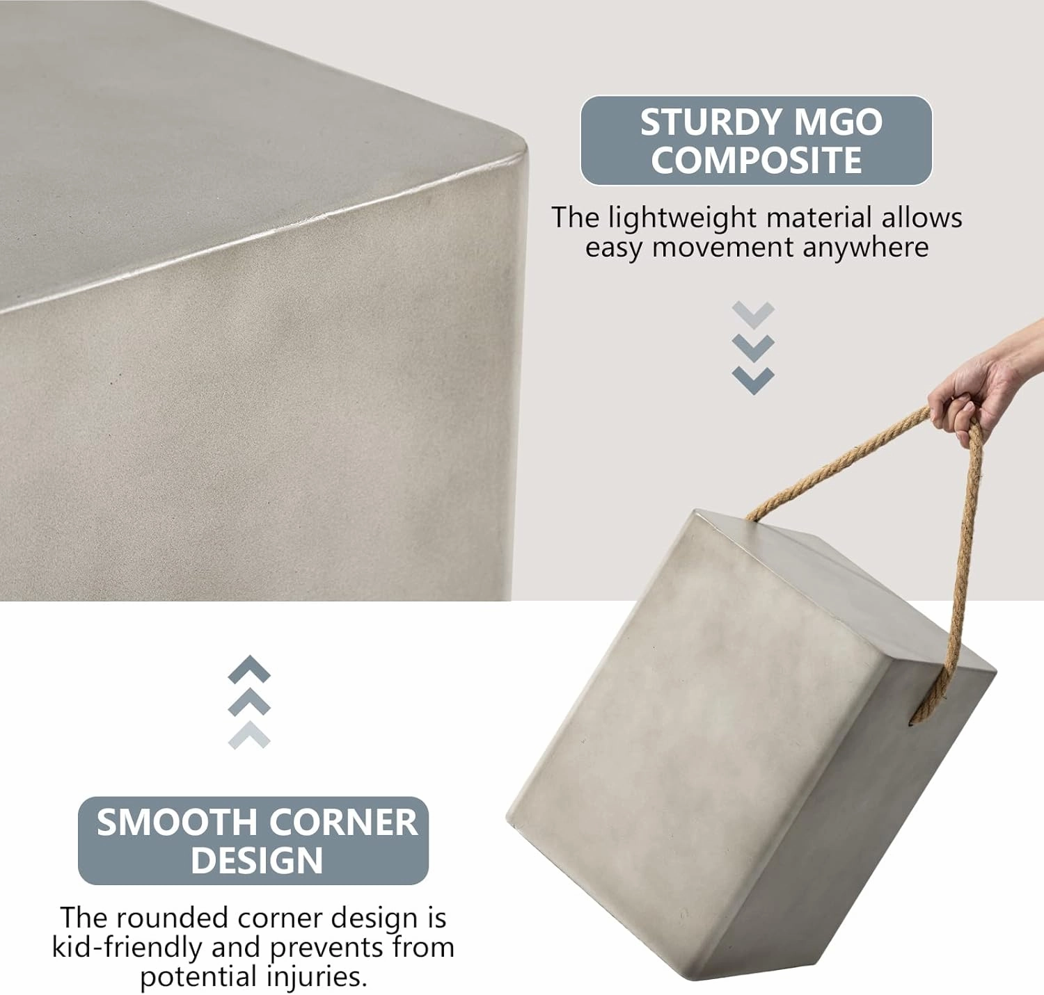 COSIEST Set of 2 Concrete Side Table, Rectangular Outdoor Side Table w Hemp Rope Handles,15''Patio Side Tables End Table, Outdoor Accent Side Table for Garden and Patio, Grey