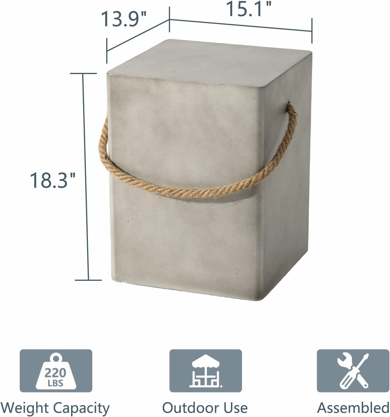 COSIEST Set of 2 Concrete Side Table, Rectangular Outdoor Side Table w Hemp Rope Handles,15''Patio Side Tables End Table, Outdoor Accent Side Table for Garden and Patio, Grey