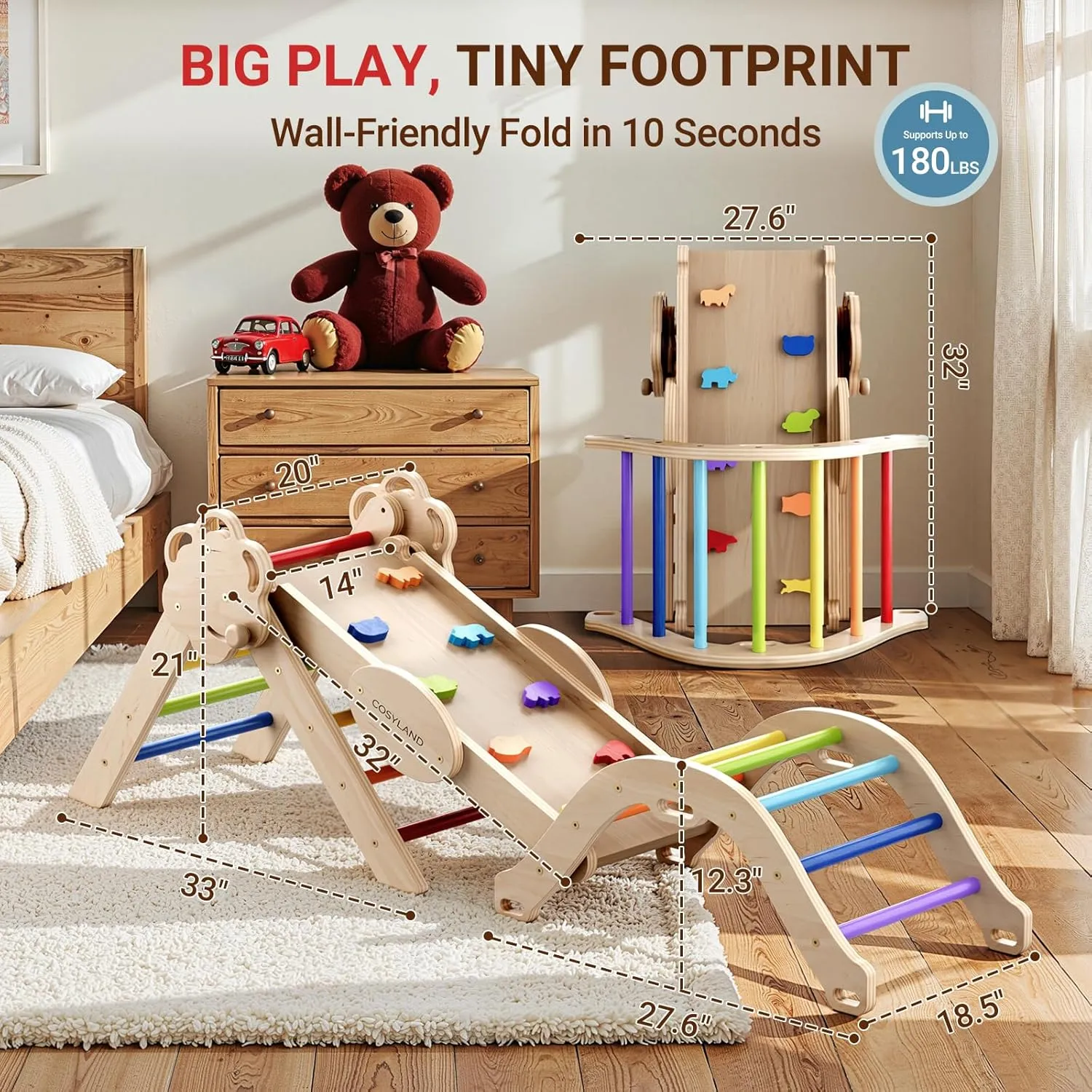 COSYLAND Pikler Triangle Set - 8 in 1 Montessori Climbing Toys for Toddlers 18M-3Y, Foldable Wooden Indoor Jungle Gym & Playground with Train Toy & Gift Box, Anti-Tip Design, ASTM Certified, Rainbow