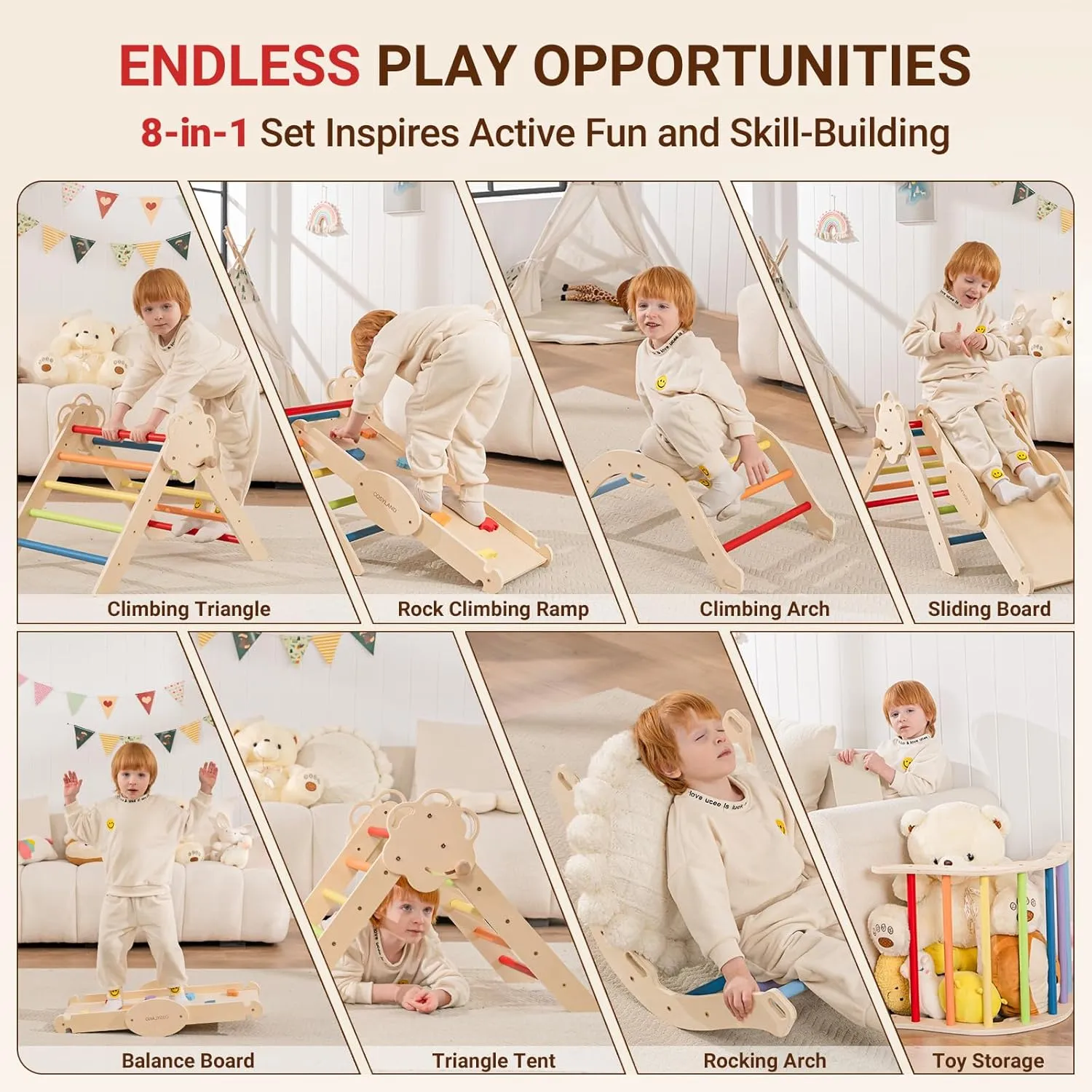 COSYLAND Pikler Triangle Set - 8 in 1 Montessori Climbing Toys for Toddlers 18M-3Y, Foldable Wooden Indoor Jungle Gym & Playground with Train Toy & Gift Box, Anti-Tip Design, ASTM Certified, Rainbow