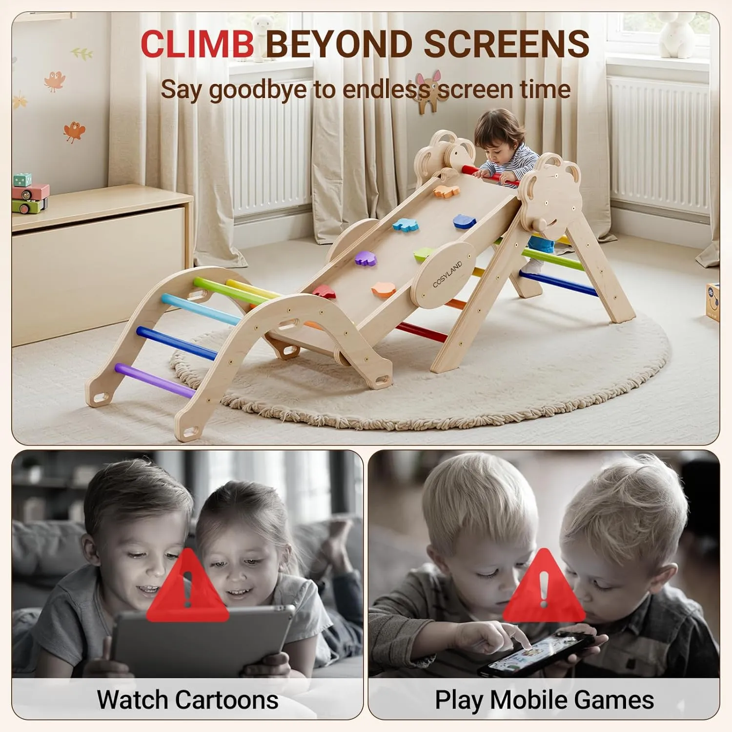 COSYLAND Pikler Triangle Set - 8 in 1 Montessori Climbing Toys for Toddlers 18M-3Y, Foldable Wooden Indoor Jungle Gym & Playground with Train Toy & Gift Box, Anti-Tip Design, ASTM Certified, Rainbow