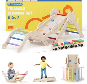 COSYLAND Pikler Triangle Set - 8 in 1 Montessori Climbing Toys for Toddlers 18M-3Y, Foldable Wooden Indoor Jungle Gym & Playground with Train Toy & Gift Box, Anti-Tip Design, ASTM Certified, Rainbow