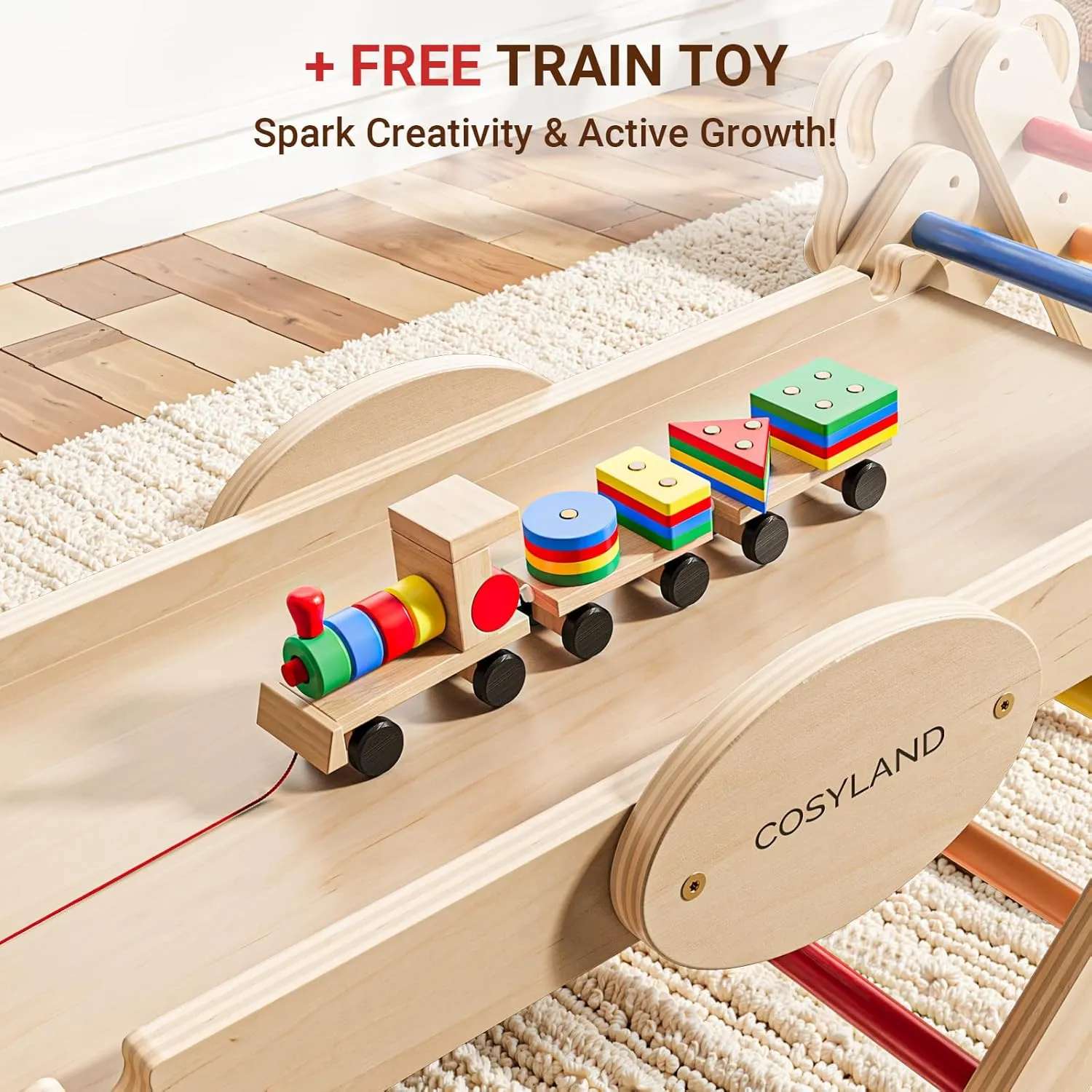 COSYLAND Pikler Triangle Set - 8 in 1 Montessori Climbing Toys for Toddlers 18M-3Y, Foldable Wooden Indoor Jungle Gym & Playground with Train Toy & Gift Box, Anti-Tip Design, ASTM Certified, Rainbow