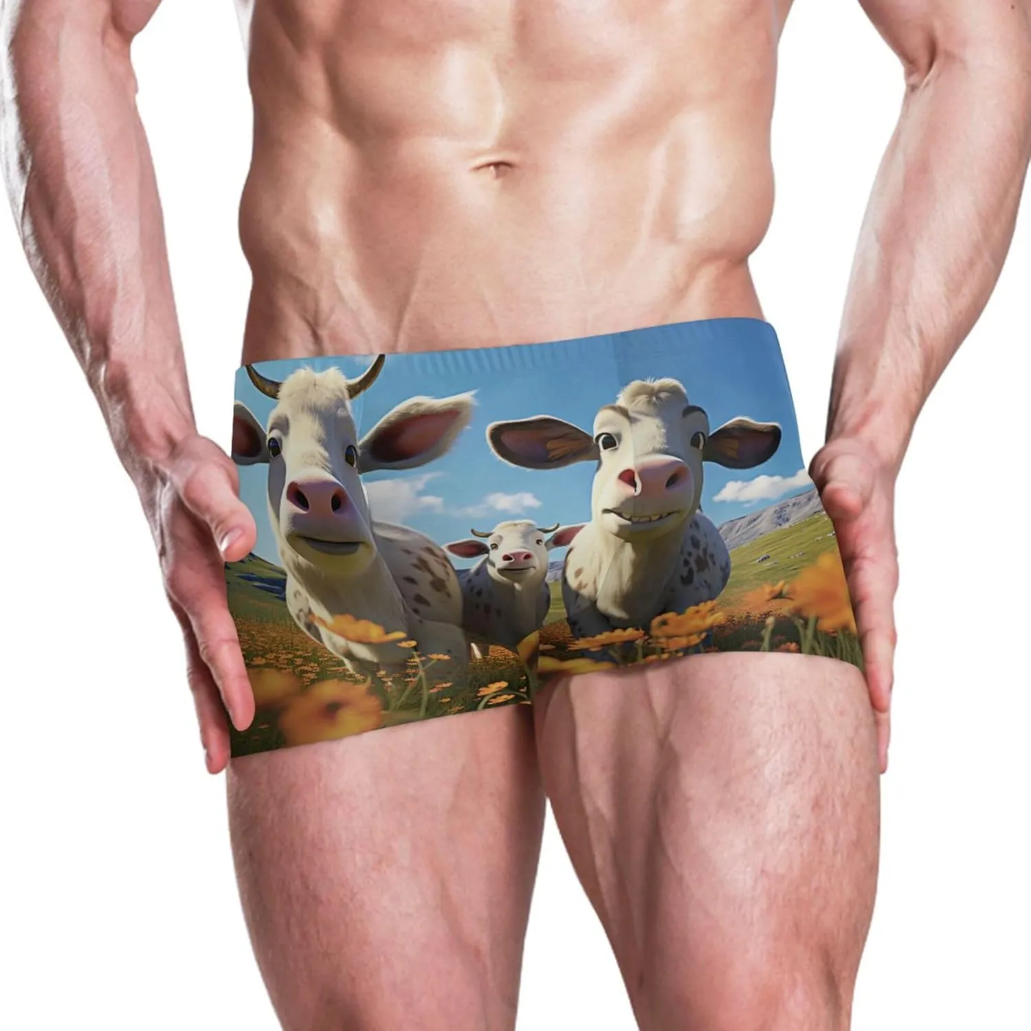 Cow Animal Grassland Mens Swim Trunk Swimwear Bathing Suit Swim Brief Square Leg Board Short S S0403245