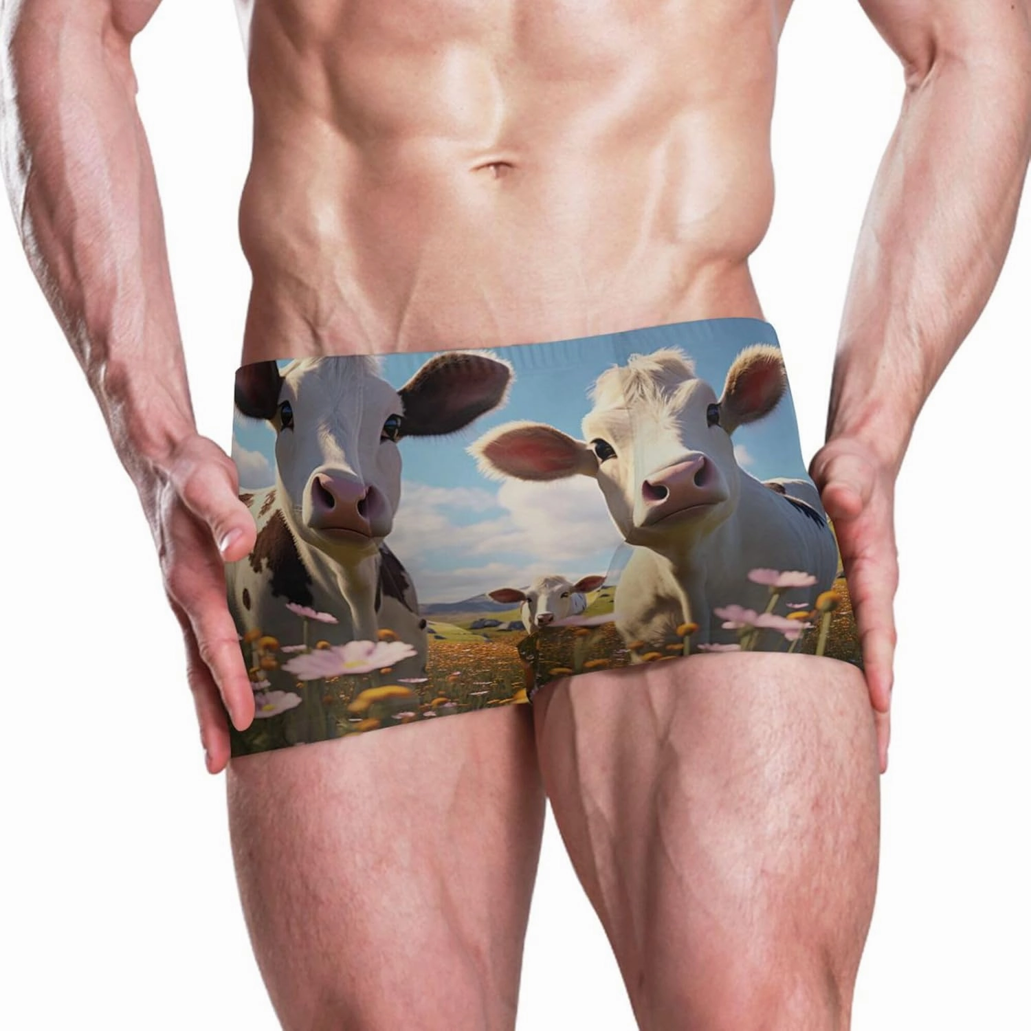 Cow Animal Grassland Mens Swim Trunk Swimwear Bathing Suit Swim Brief Square Leg Board Short S S0403249