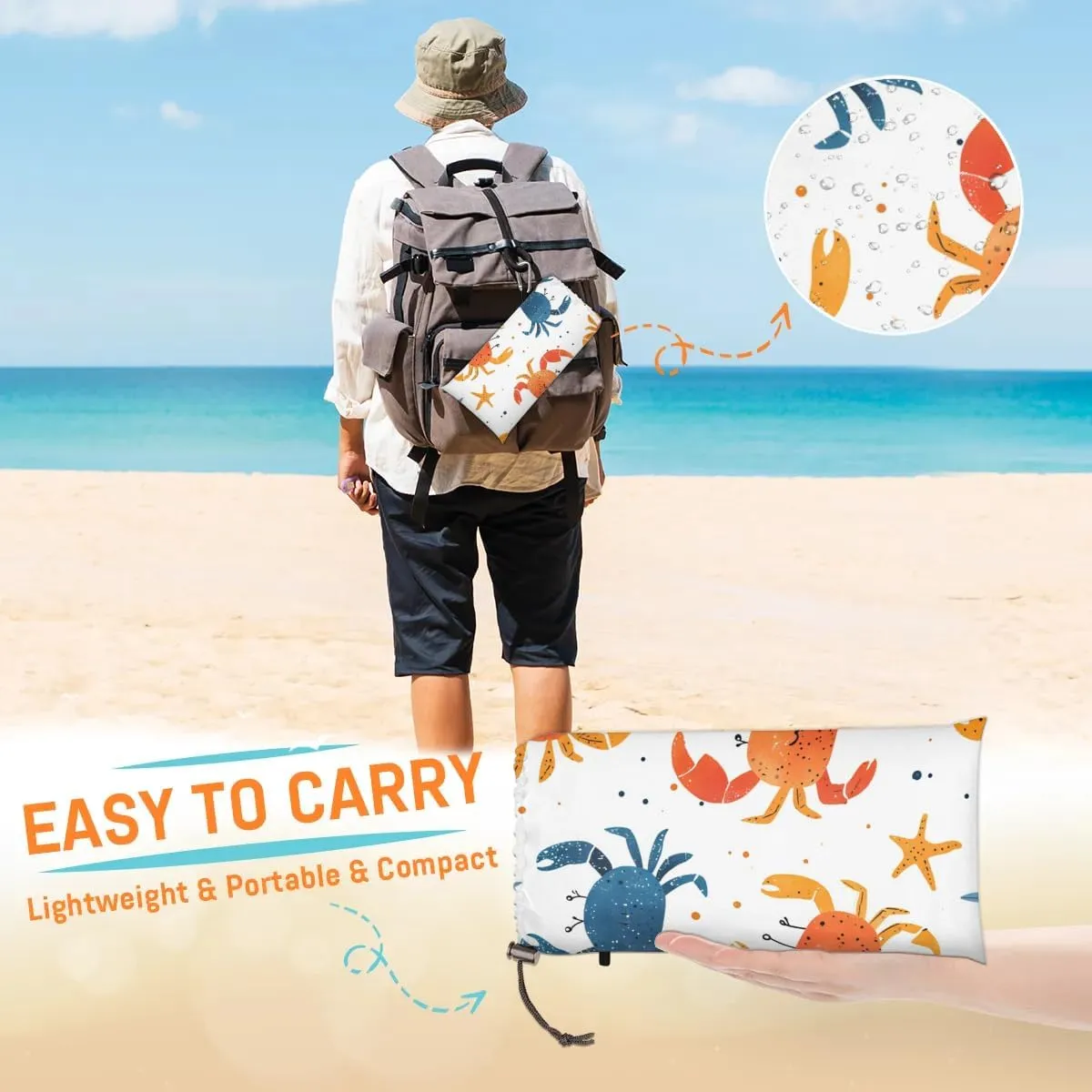 Crab Beach Blanket, Sandproof Beach Mat, 68 x 59 Waterproof Quick Drying Sand Free Mat with 4 x Ground Spikes for Outdoor Travel Camping Hiking, Cute Crab