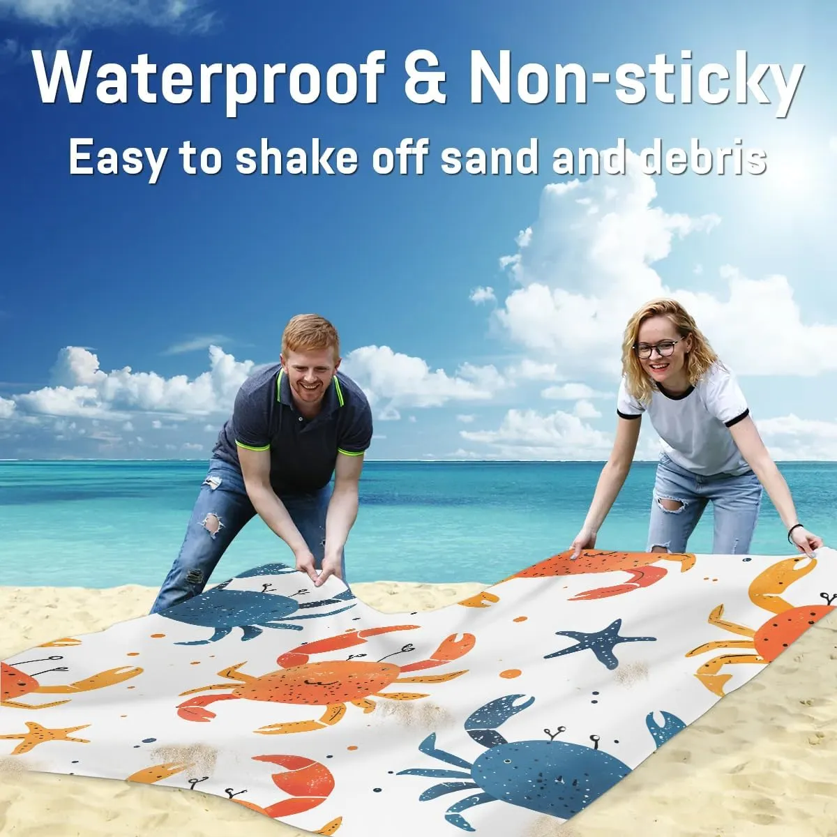Crab Beach Blanket, Sandproof Beach Mat, 68 x 59 Waterproof Quick Drying Sand Free Mat with 4 x Ground Spikes for Outdoor Travel Camping Hiking, Cute Crab