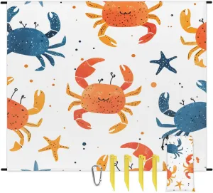 Crab Beach Blanket, Sandproof Beach Mat, 68 x 59 Waterproof Quick Drying Sand Free Mat with 4 x Ground Spikes for Outdoor Travel Camping Hiking, Cute Crab