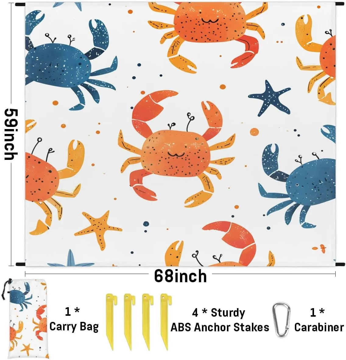 Crab Beach Blanket, Sandproof Beach Mat, 68 x 59 Waterproof Quick Drying Sand Free Mat with 4 x Ground Spikes for Outdoor Travel Camping Hiking, Cute Crab