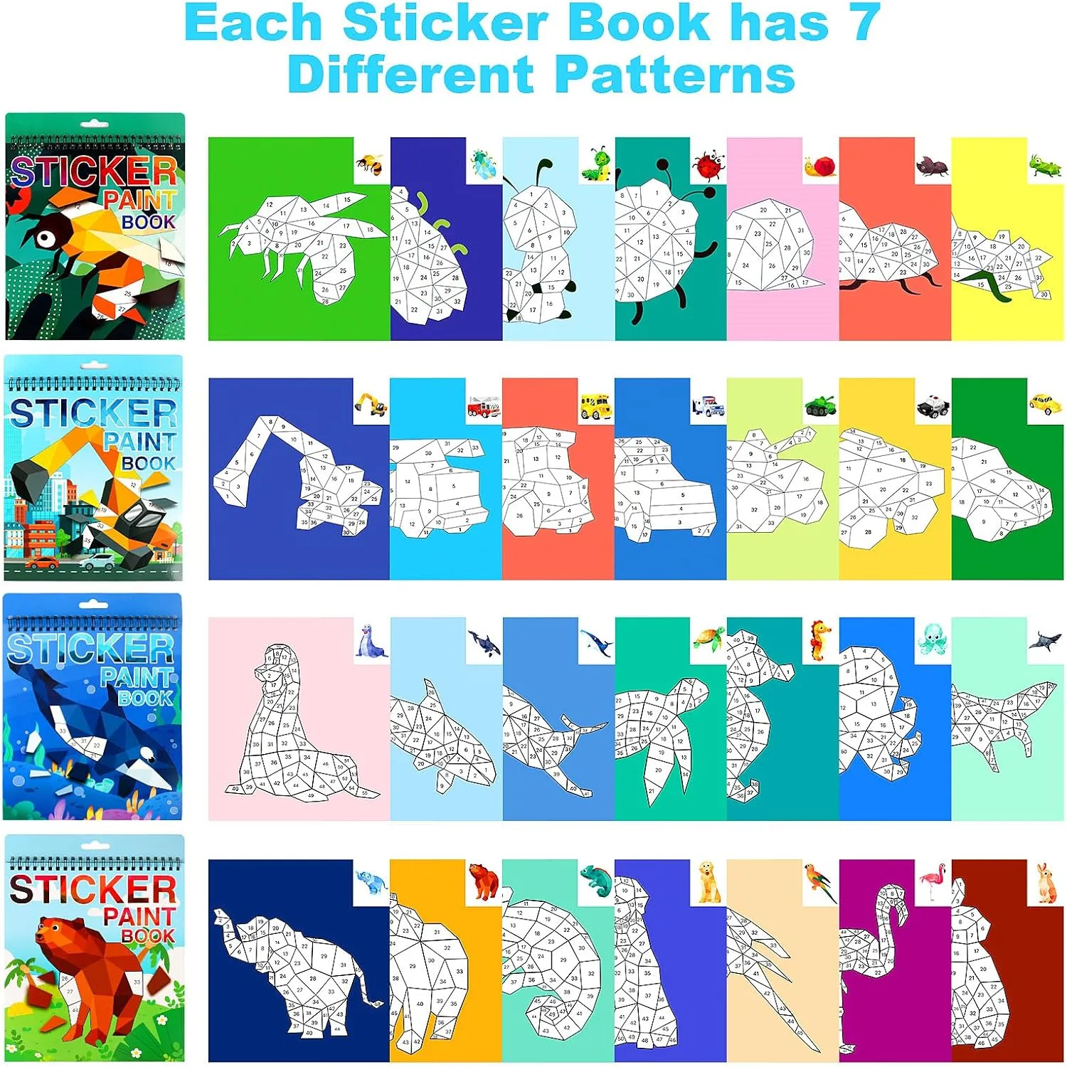 Crafts for Kids Ages 4-8 Sticker Paint Number Books Stickers for Kids Animals Ocean Vehicle Insect Sticker Book for Girls Boys Birthday Party Favor Car Plane Travel Activity Toy