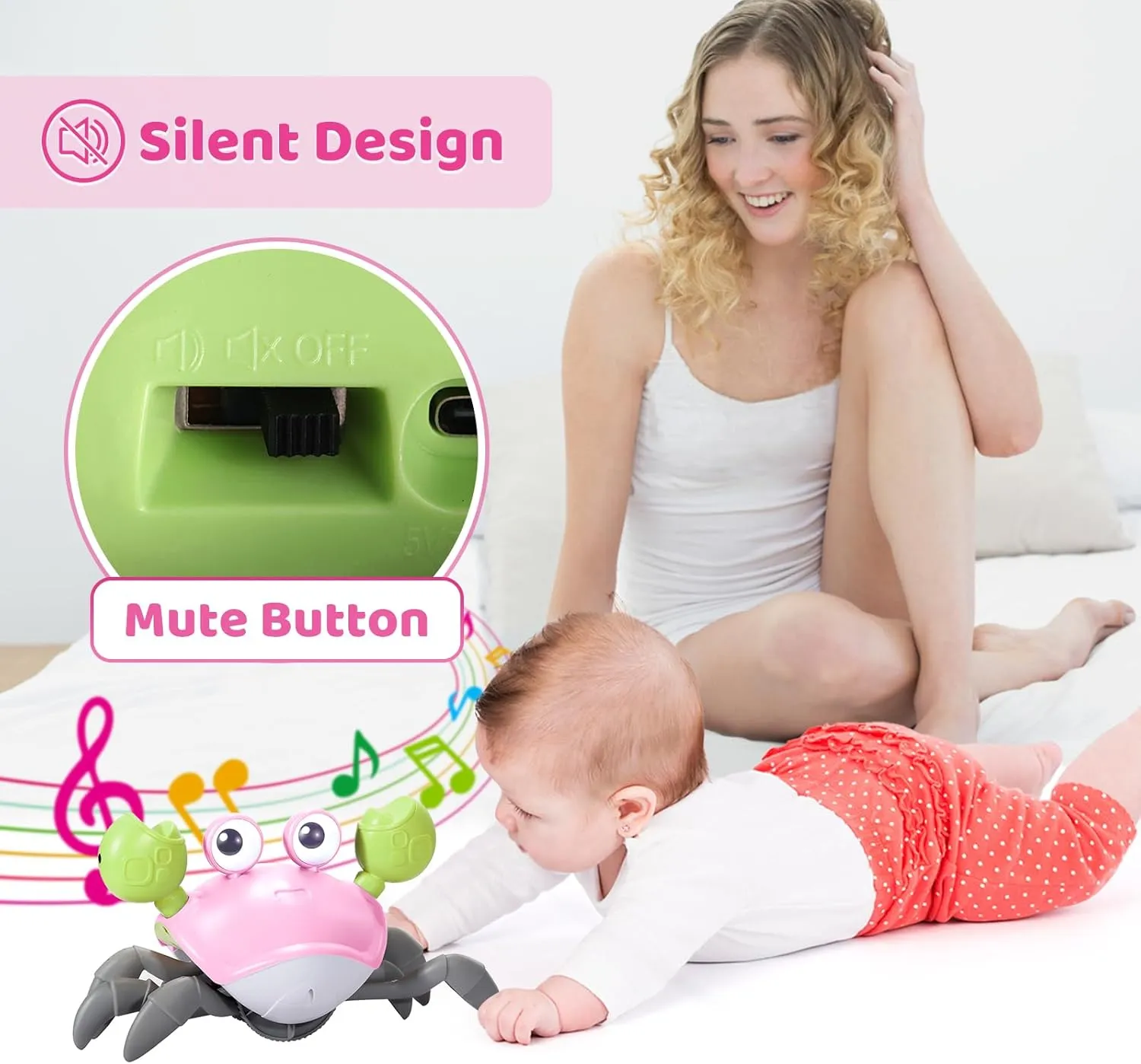 Crawling Crab Baby Toy - Tummy Time Toys - with Music and LED Light,Built-in Rechargeable Battery and Volume Can be Turned Off for 0-6 6-12 12-18 36 Months Walking Toddler Birthday Gift(Pink)