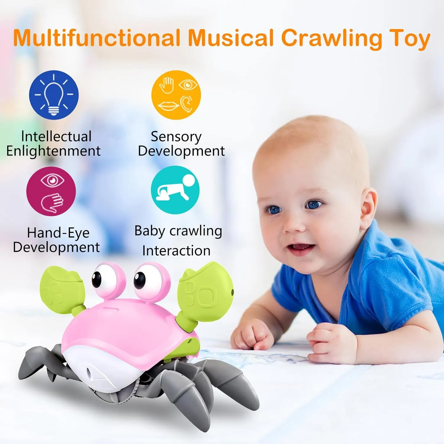 Crawling Crab Baby Toy - Tummy Time Toys - with Music and LED Light,Built-in Rechargeable Battery and Volume Can be Turned Off for 0-6 6-12 12-18 36 Months Walking Toddler Birthday Gift(Pink)