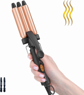 Crimper Hair Tool for Short Hair, 1/2 Inch Mini Crimper for Tight Beach Waves, Mini 3 Barrel Curling Iron with Argan Oil Infused, Beach Waves Curling Iron, Easy to Use