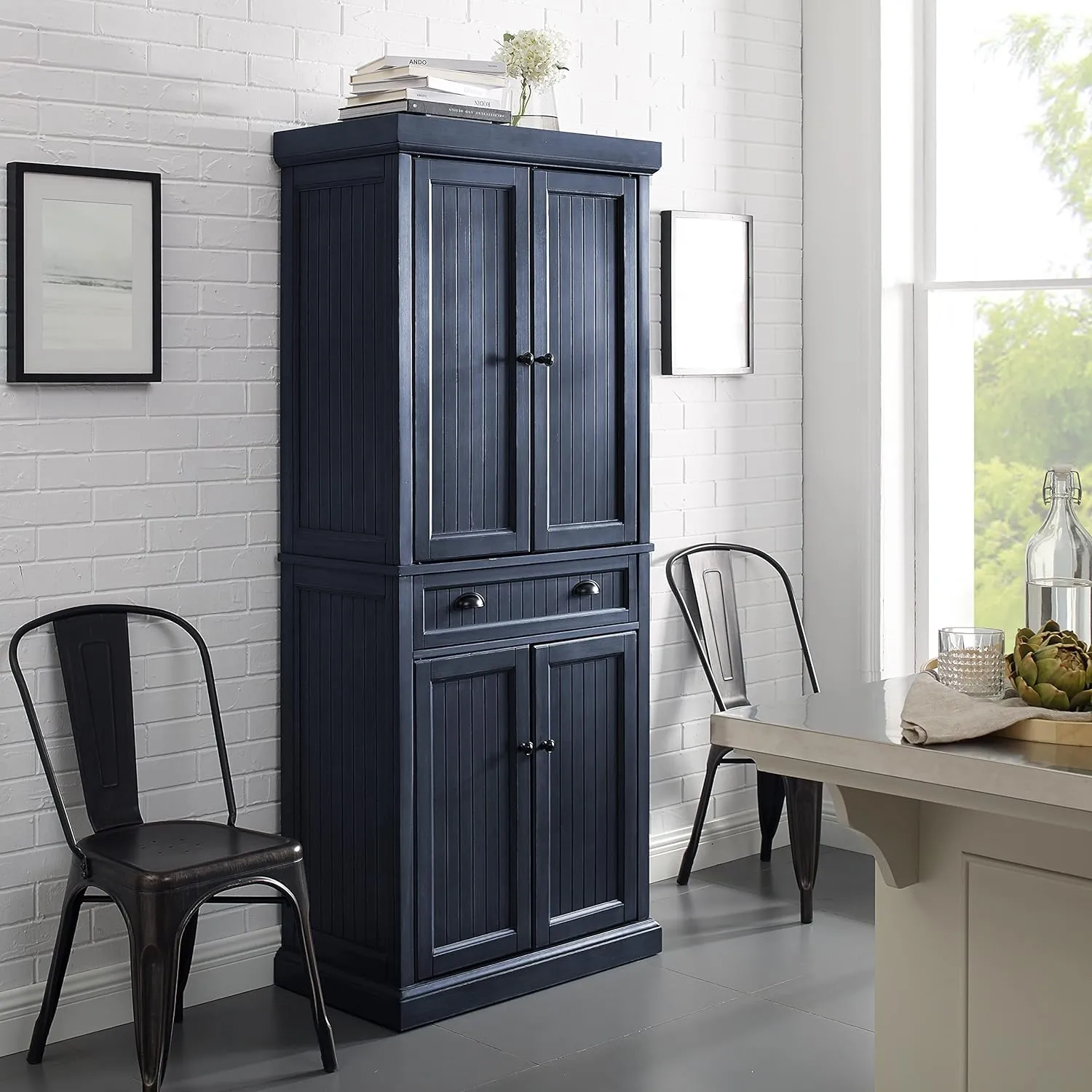 Crosley Furniture Seaside Coastal Pantry Storage Cabinet with Shelves, Kitchen, Dining, or Laundry Room, Distressed Navy