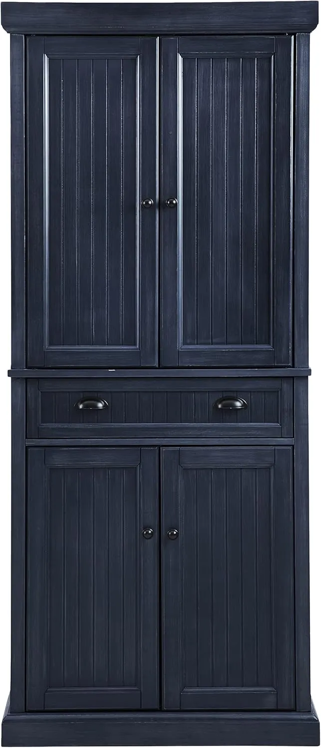Crosley Furniture Seaside Coastal Pantry Storage Cabinet with Shelves, Kitchen, Dining, or Laundry Room, Distressed Navy