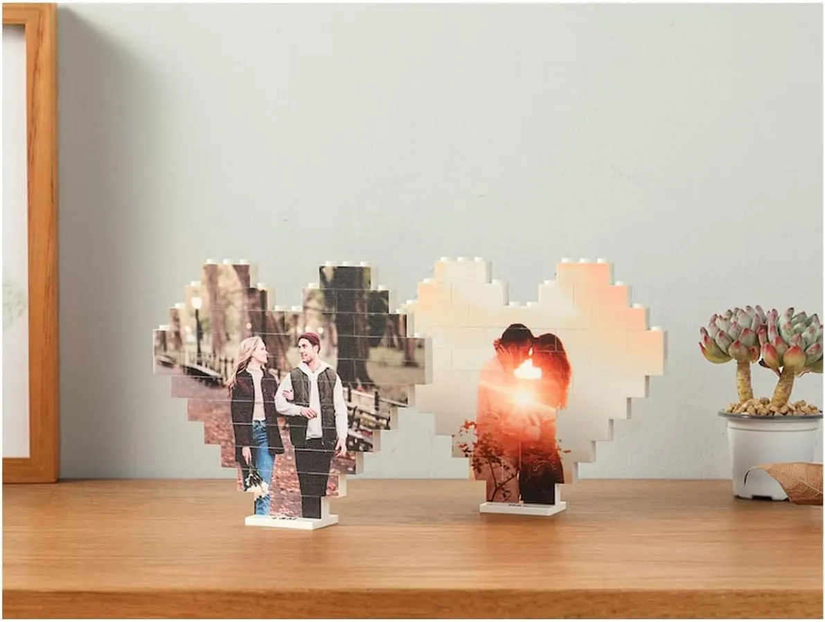 Custom Heart Building Brick Photo with Stand, Personalized I Love You Block Puzzles Figures Frame with Picture, Building Block for Couples Boyfriend