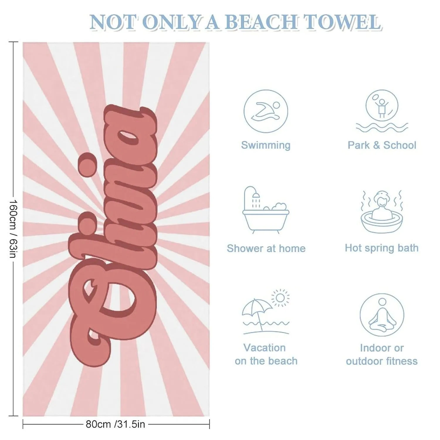 Custom Pink Retro 70's Style Beach Towels for Kids Girls Gift Customized RETRO Style Swim Towel Designer Fast Drying Stripe Swim Towels for Adults Lake Day Must Haves