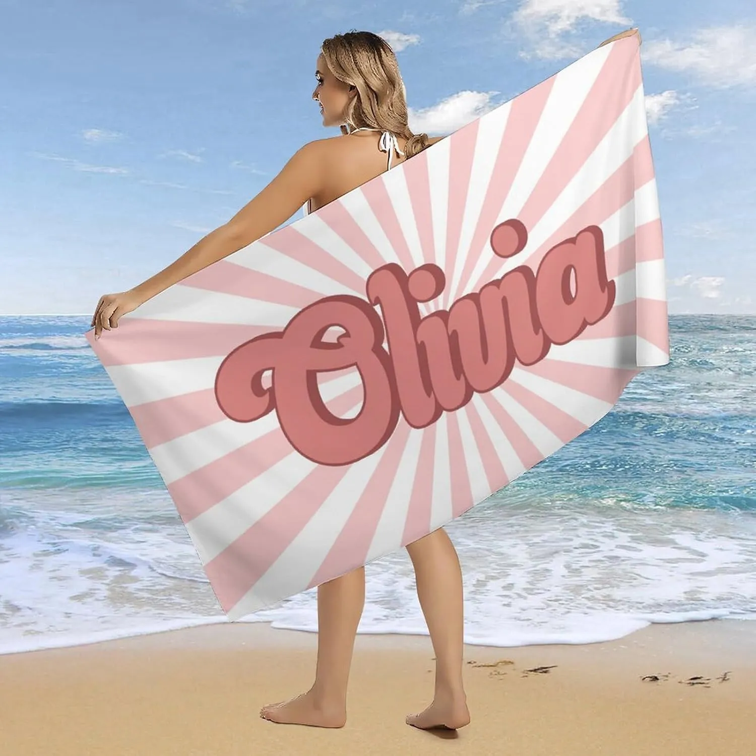 Custom Pink Retro 70's Style Beach Towels for Kids Girls Gift Customized RETRO Style Swim Towel Designer Fast Drying Stripe Swim Towels for Adults Lake Day Must Haves