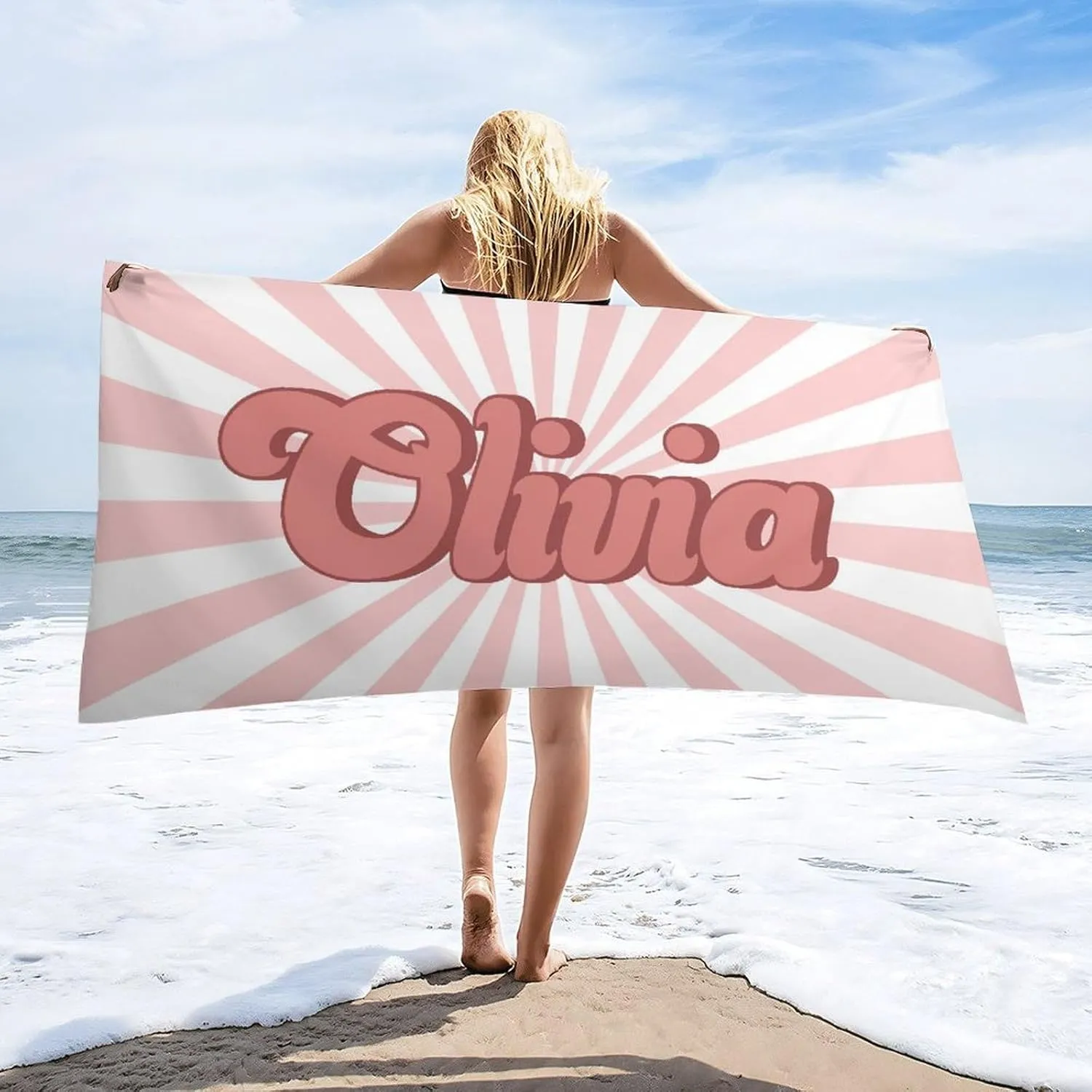 Custom Pink Retro 70's Style Beach Towels for Kids Girls Gift Customized RETRO Style Swim Towel Designer Fast Drying Stripe Swim Towels for Adults Lake Day Must Haves