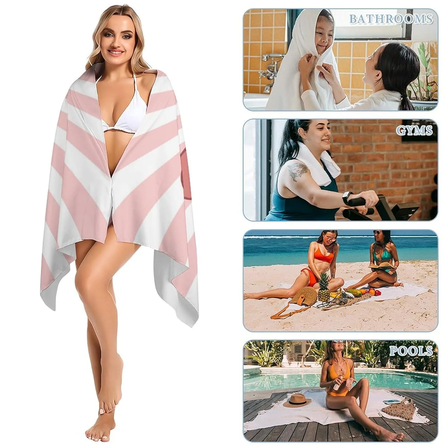 Custom Pink Retro 70's Style Beach Towels for Kids Girls Gift Customized RETRO Style Swim Towel Designer Fast Drying Stripe Swim Towels for Adults Lake Day Must Haves