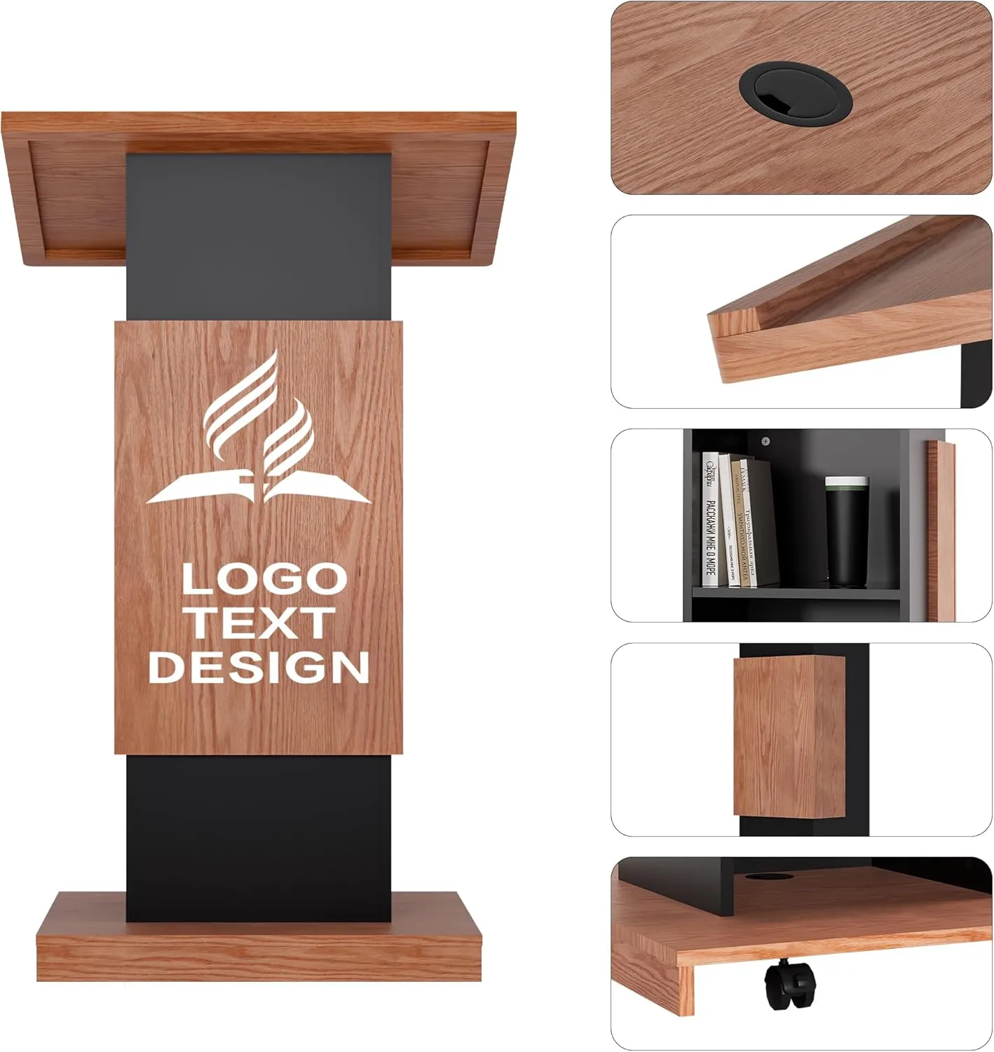 Customizable Logo & Text Podium Stand,Wood Lectern with Lockable Wheels,15MM Particle Board,Church Pulpit with Storage, Mic Stand Space,Wooden Podium for Seminars and Schools(Customized A)