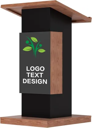 Customizable Logo & Text Podium Stand,Wood Lectern with Lockable Wheels,Church Pulpit with Storage,Mic Stand Space,Wooden Podium for Churches,Seminars and Schools (black)