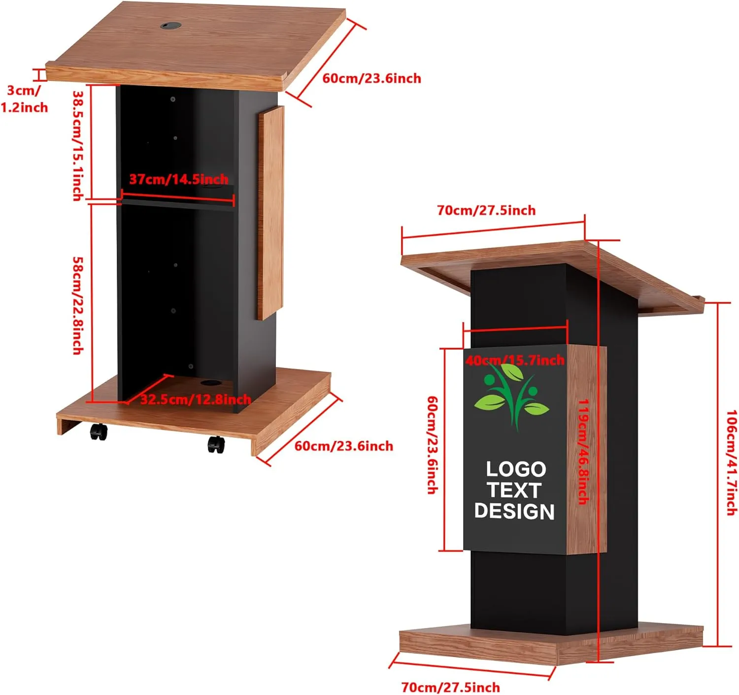Customizable Logo & Text Podium Stand,Wood Lectern with Lockable Wheels,Church Pulpit with Storage,Mic Stand Space,Wooden Podium for Churches,Seminars and Schools (black)